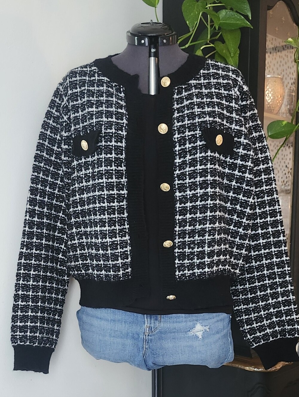 Black & White Tweed Button-Up Women's Jacket Bomber Style